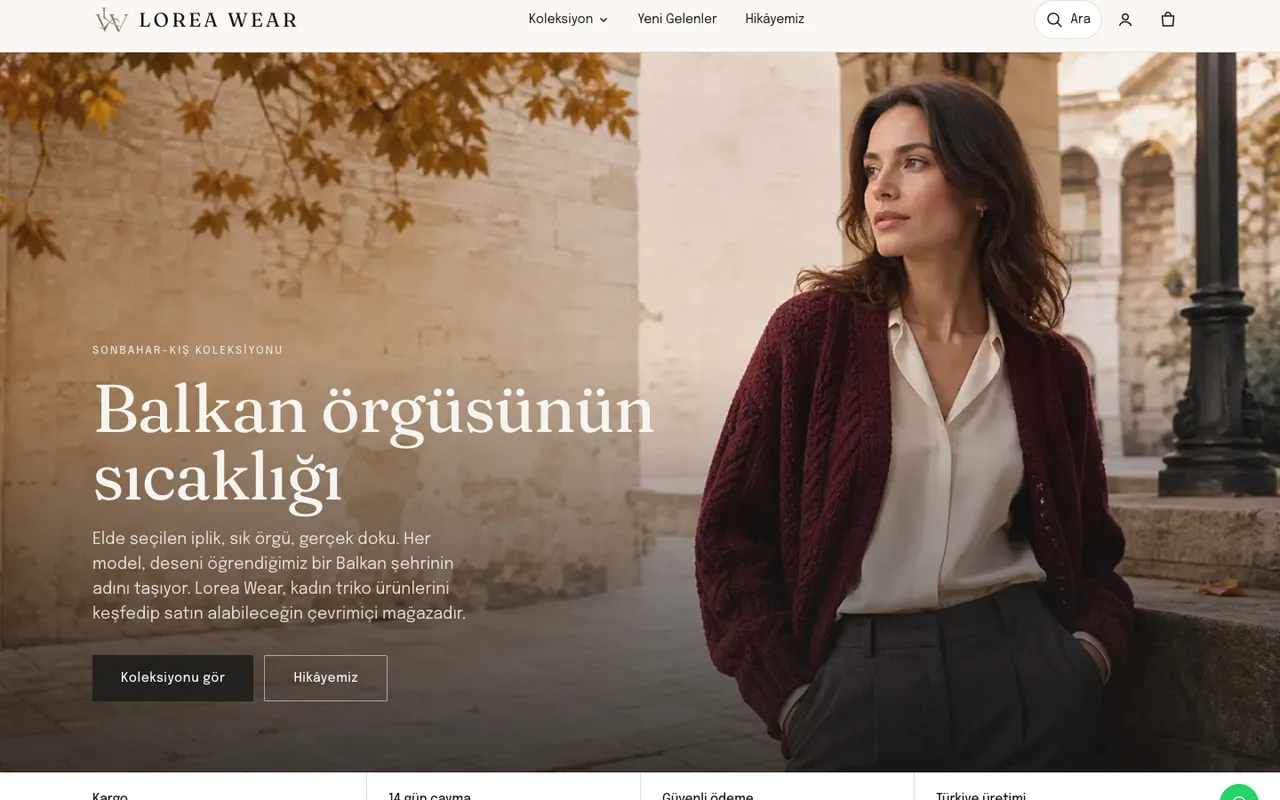 Loreawear kadın triko e-ticaret sitesinin ekran görüntüsü