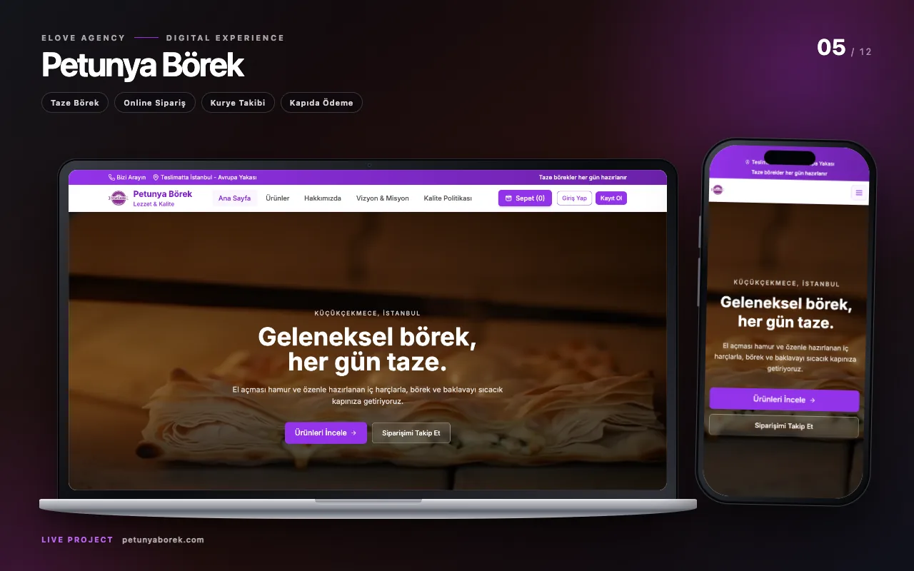 Petunya Börek online sipariş sitesinin ekran görüntüsü