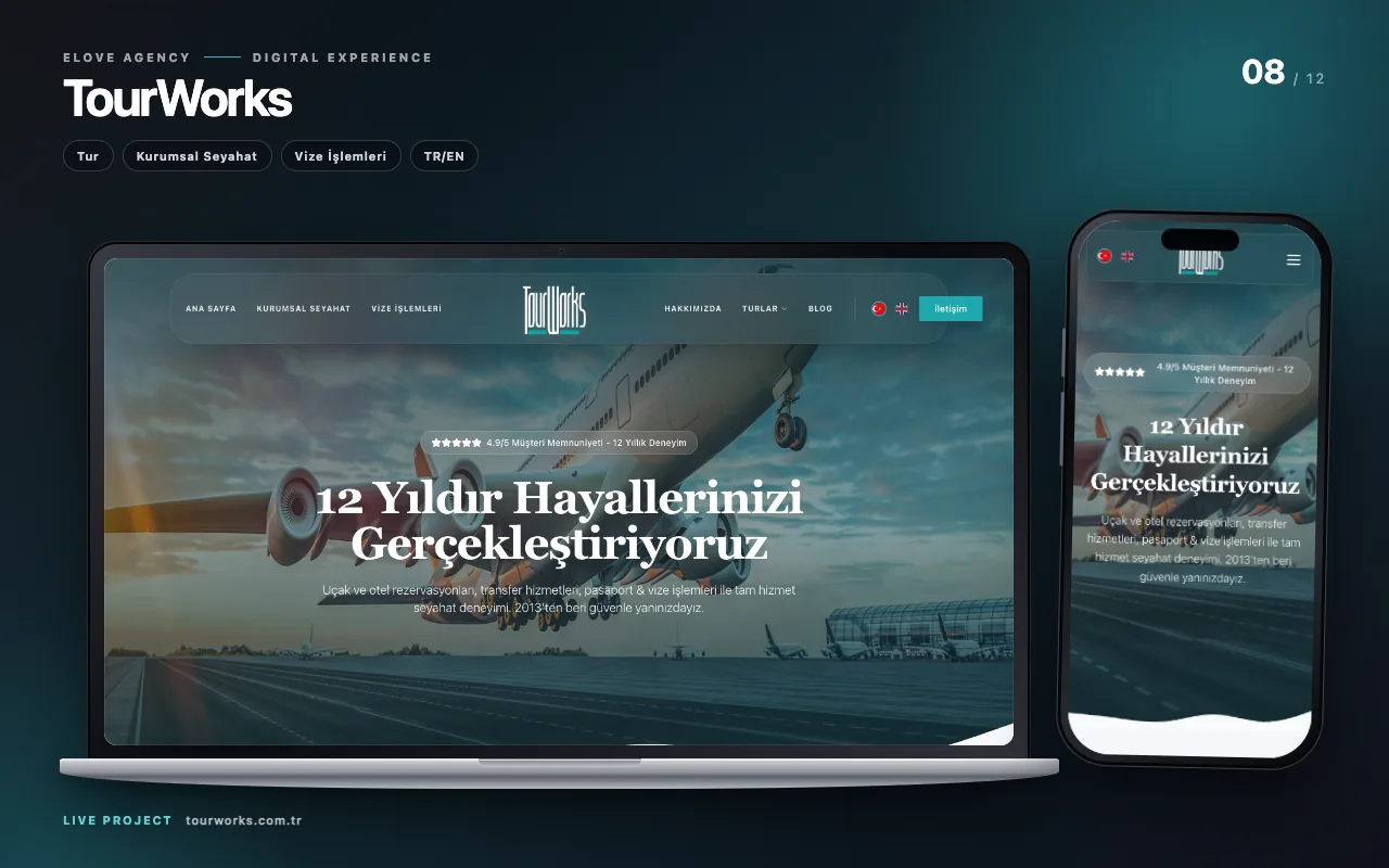 TourWorks turizm şirketi web sitesinin ekran görüntüsü